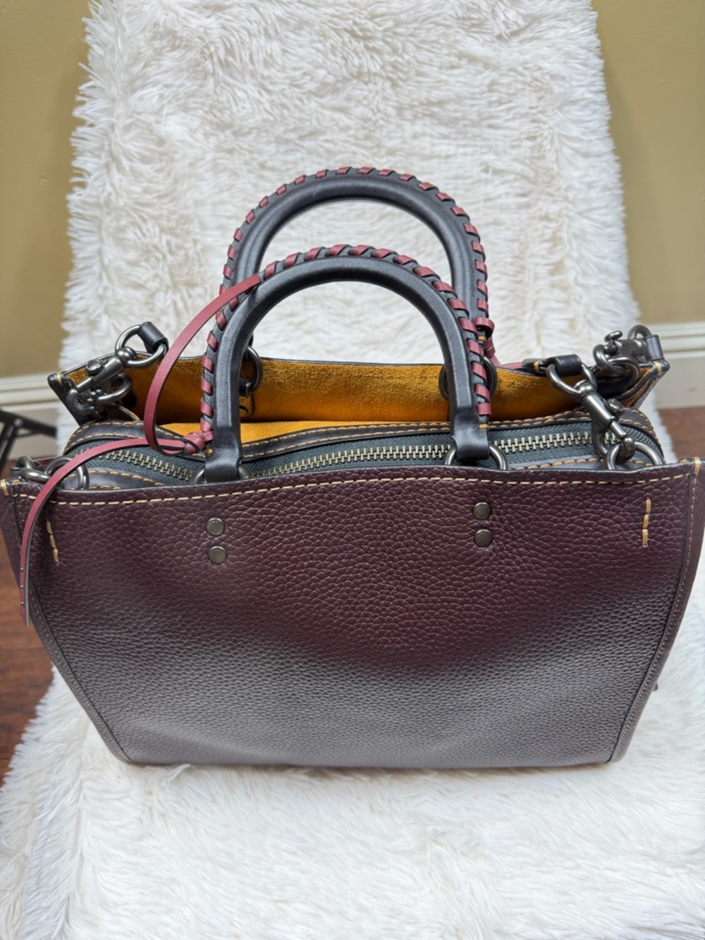 Coach Pebbled Leather Satchel in Plum with Mustard Interior - Picture 4 of 7